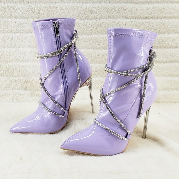 Lilac Purple Stretch Patent High Heel Ankle Boots with Rhinestone Straps - Picture 10 of 14